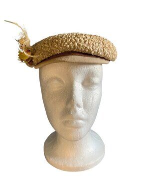 Coralie Tan Vintage Womens Hat w/ Feather & Ribbon Accents Size 22 Timeless Styl